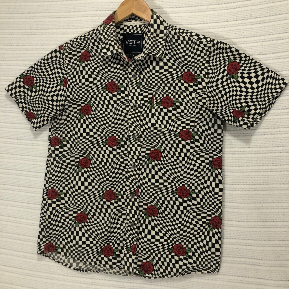 VSTR Rose Print Shirt - Checkered‎ Button Down Short Sleeve - Size M